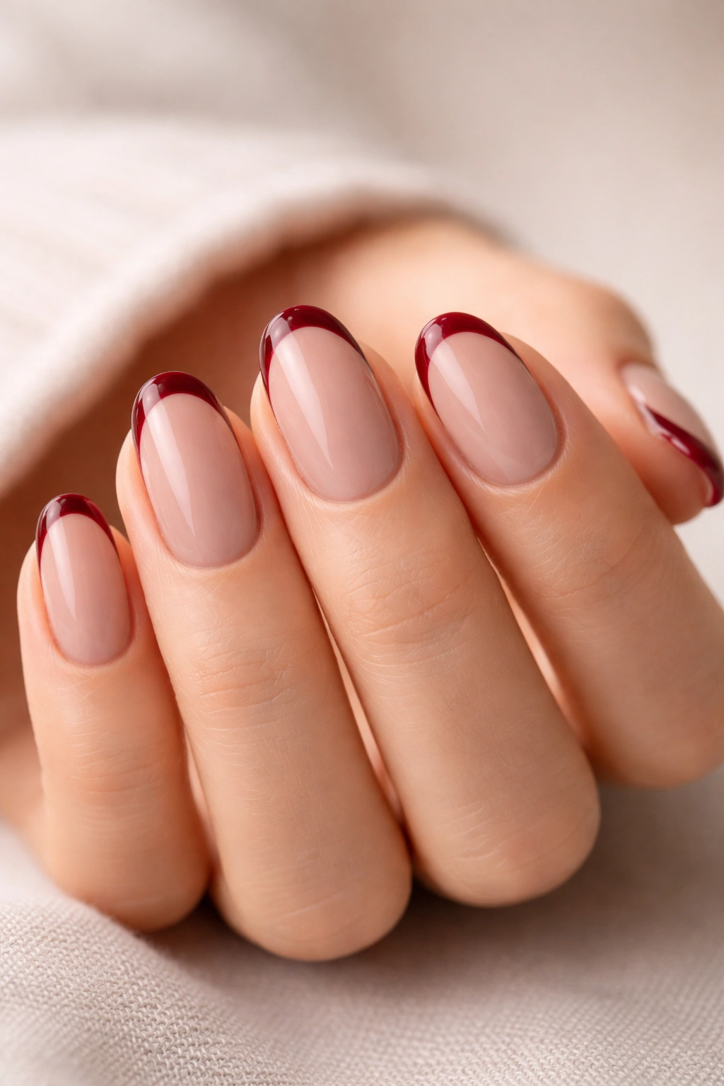Close-up of short oval nails with burgundy tips on taupe base