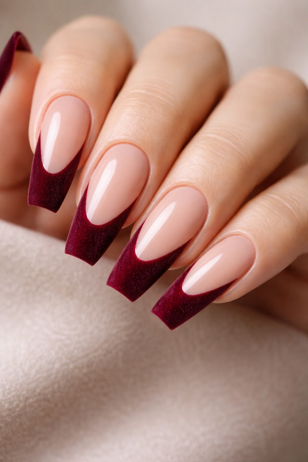 Burgundy French tip nails with velvet texture on tips