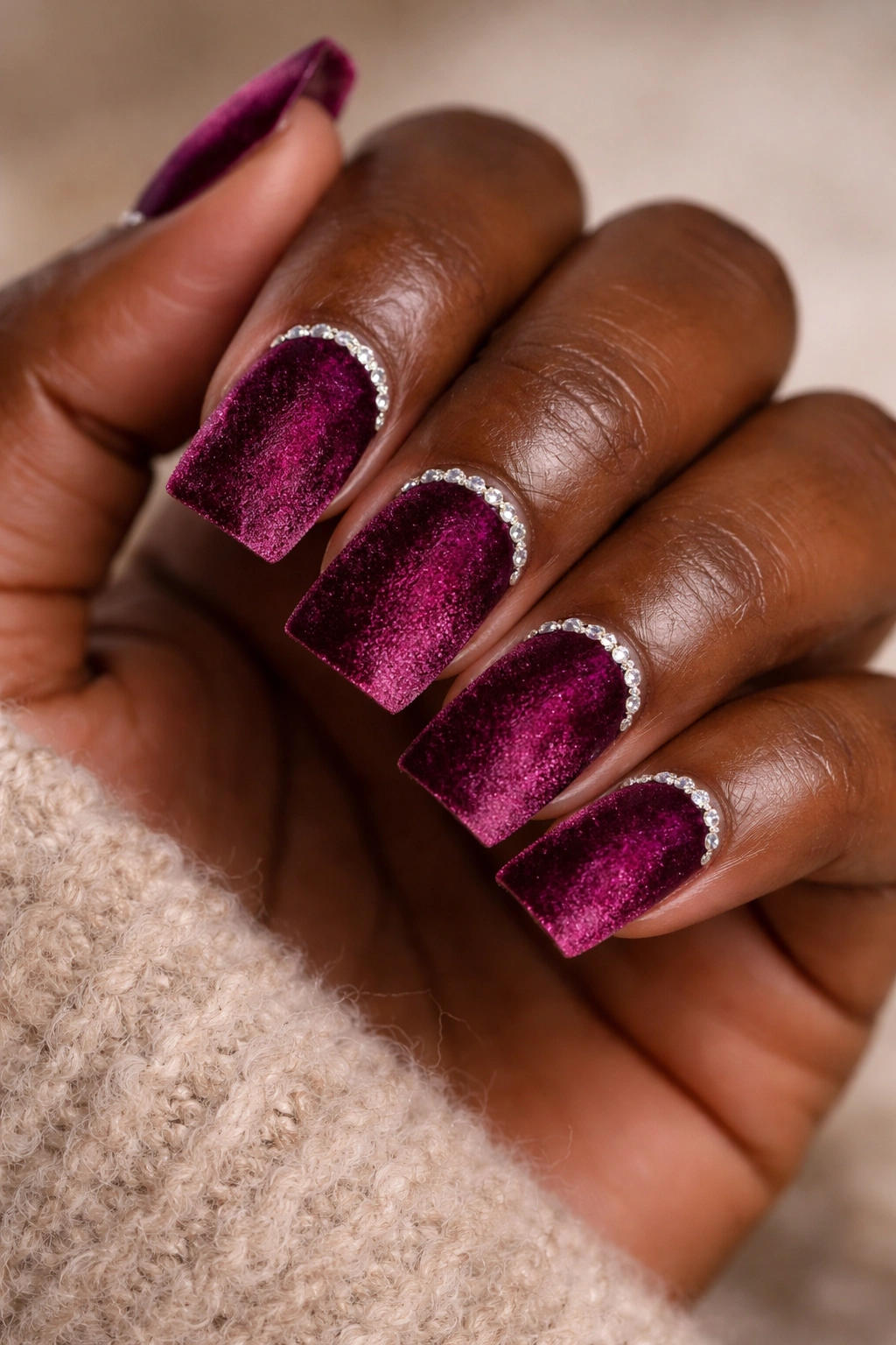 Close-up burgundy velvet nails with diamond accents on dark skin