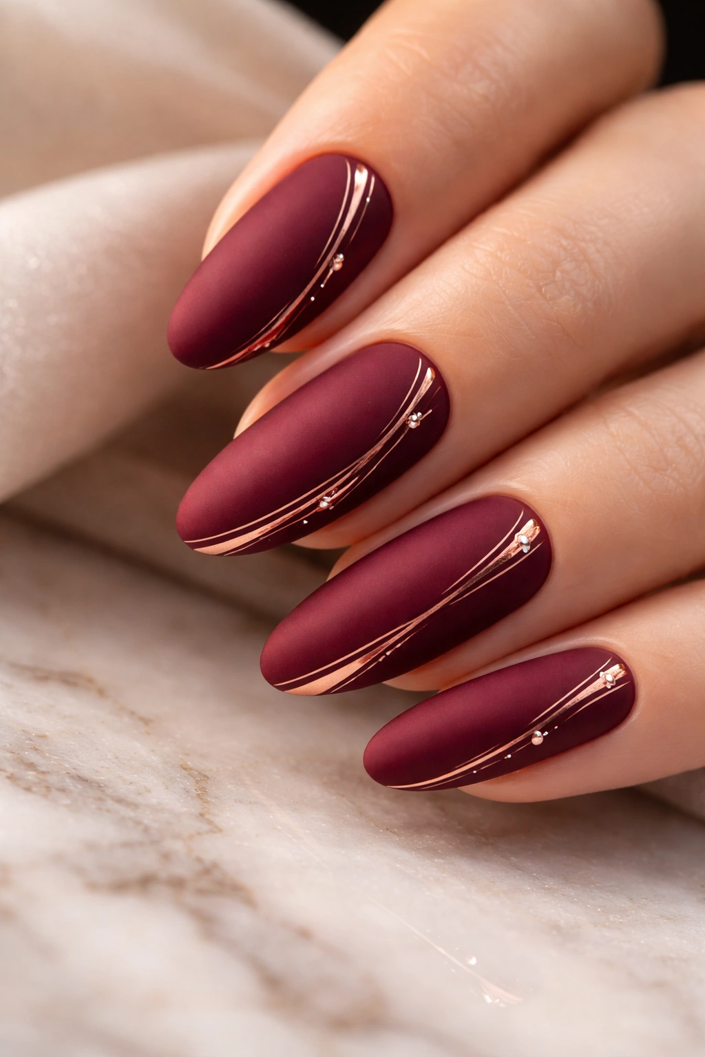 Burgundy velvet matte nails with rose gold accents on long round nails, studio lighting.