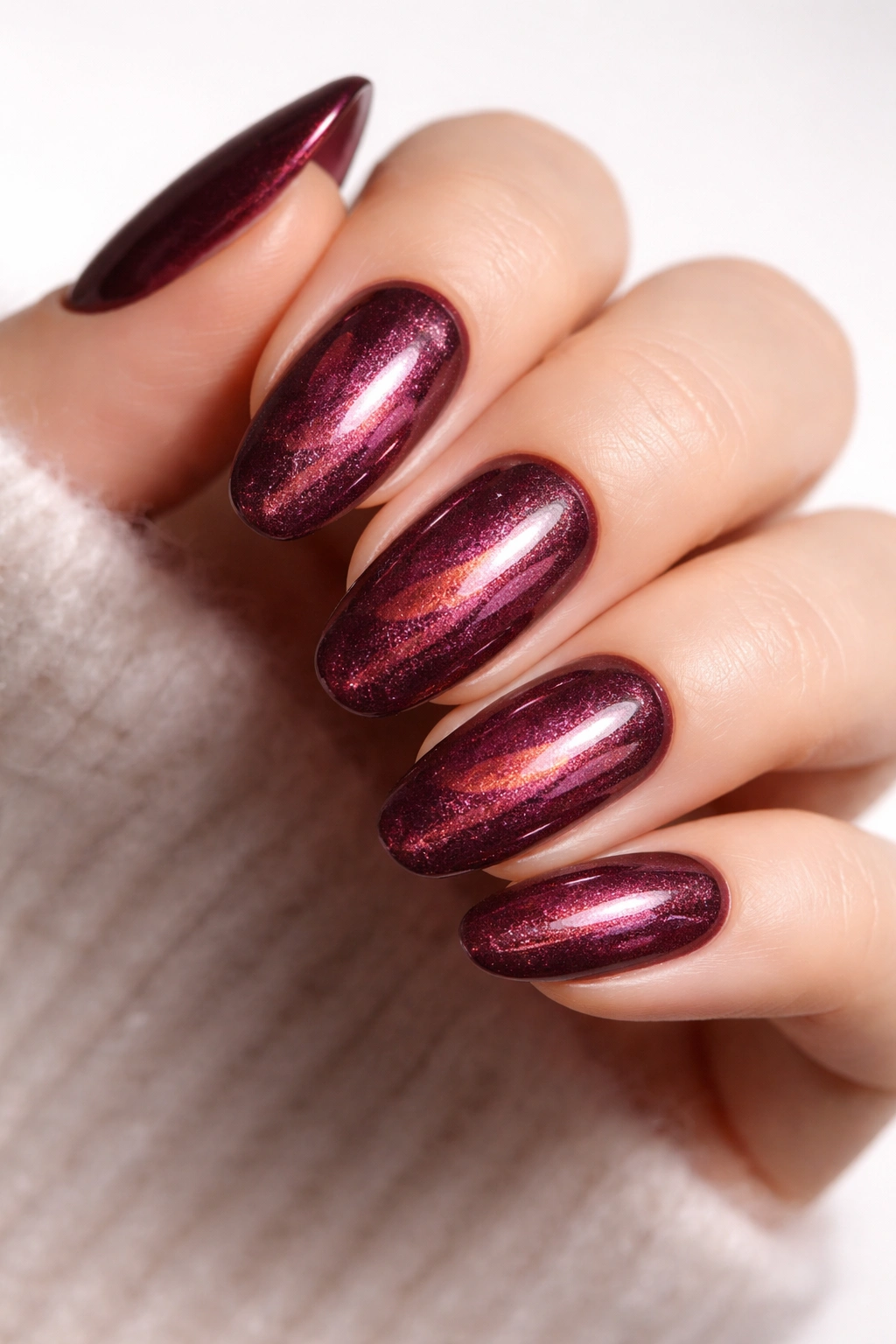 Close-up of deep burgundy velvet nails with pink and copper shimmer