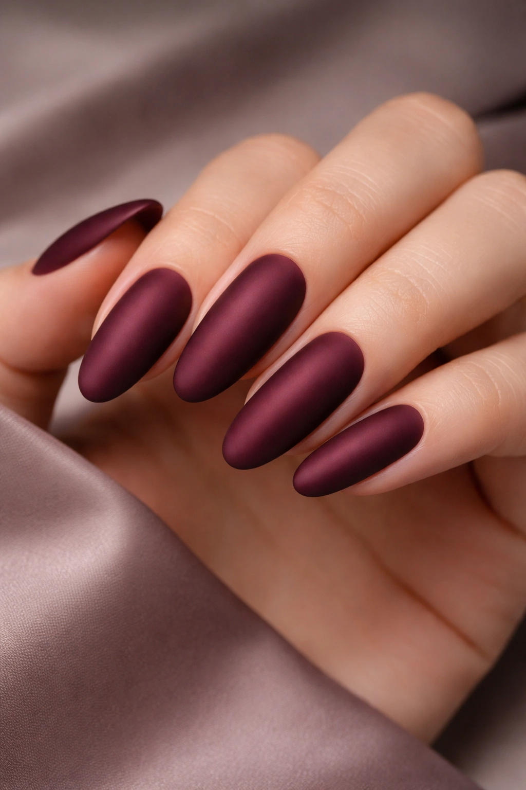 Close-up of long round nails in deep burgundy velvet matte finish