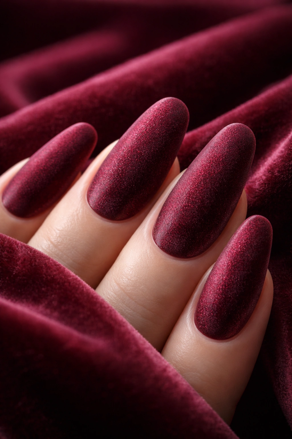 Burgundy velvet nails with soft, plush texture