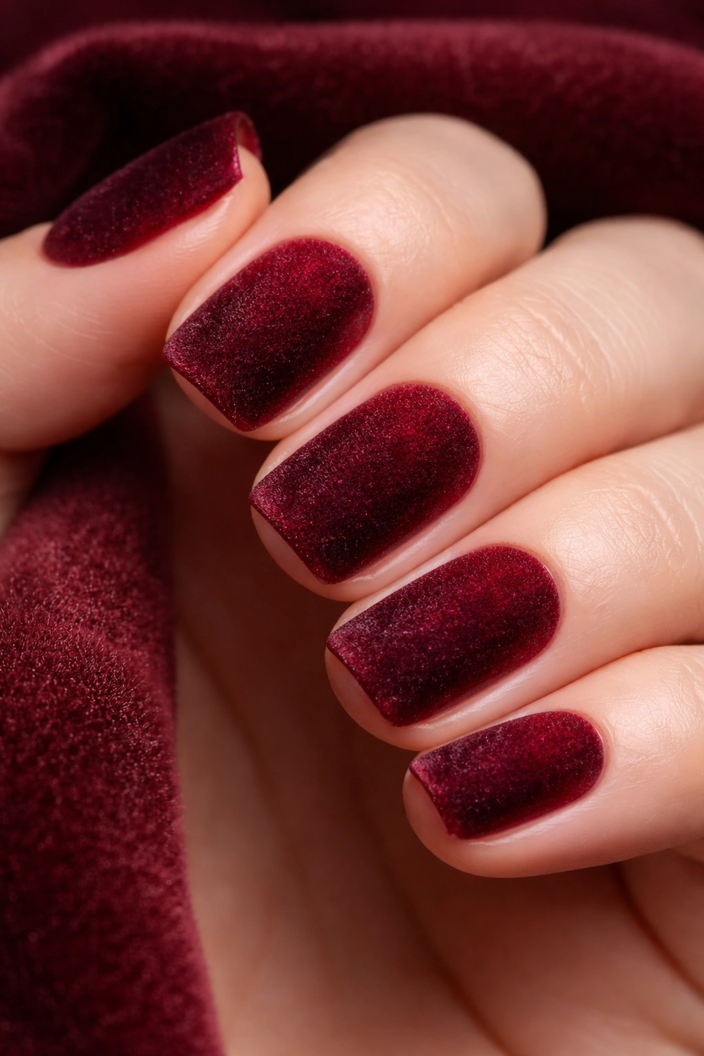 Short squoval burgundy nails with a velvet texture