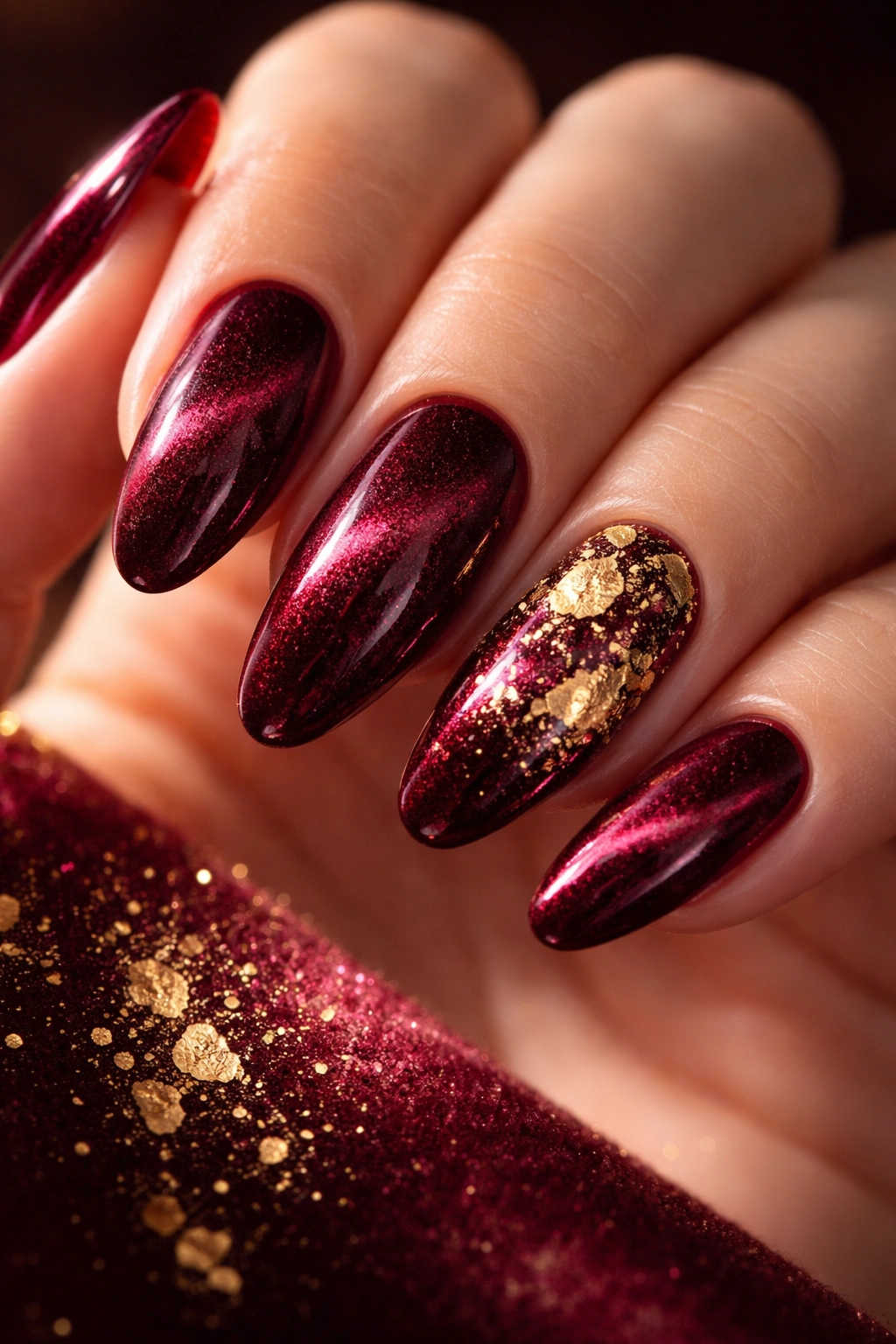 Close-up of burgundy velvet nails with gold foil accents