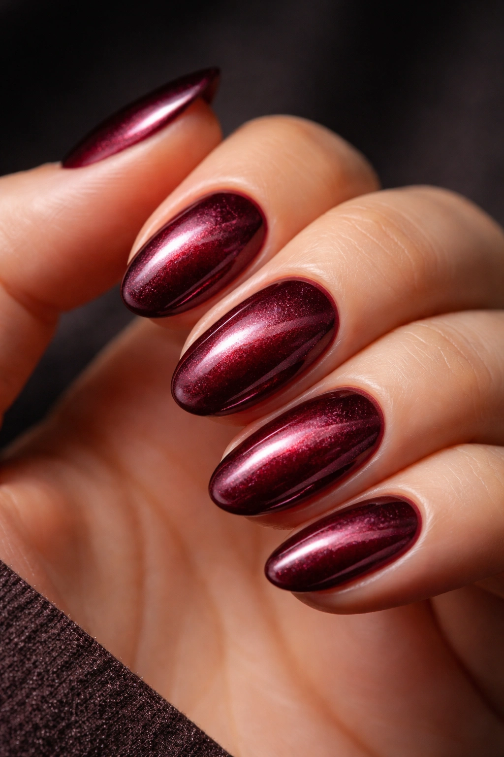 Close-up of short almond nails with burgundy velvet magnetic finish and shifting shimmer.