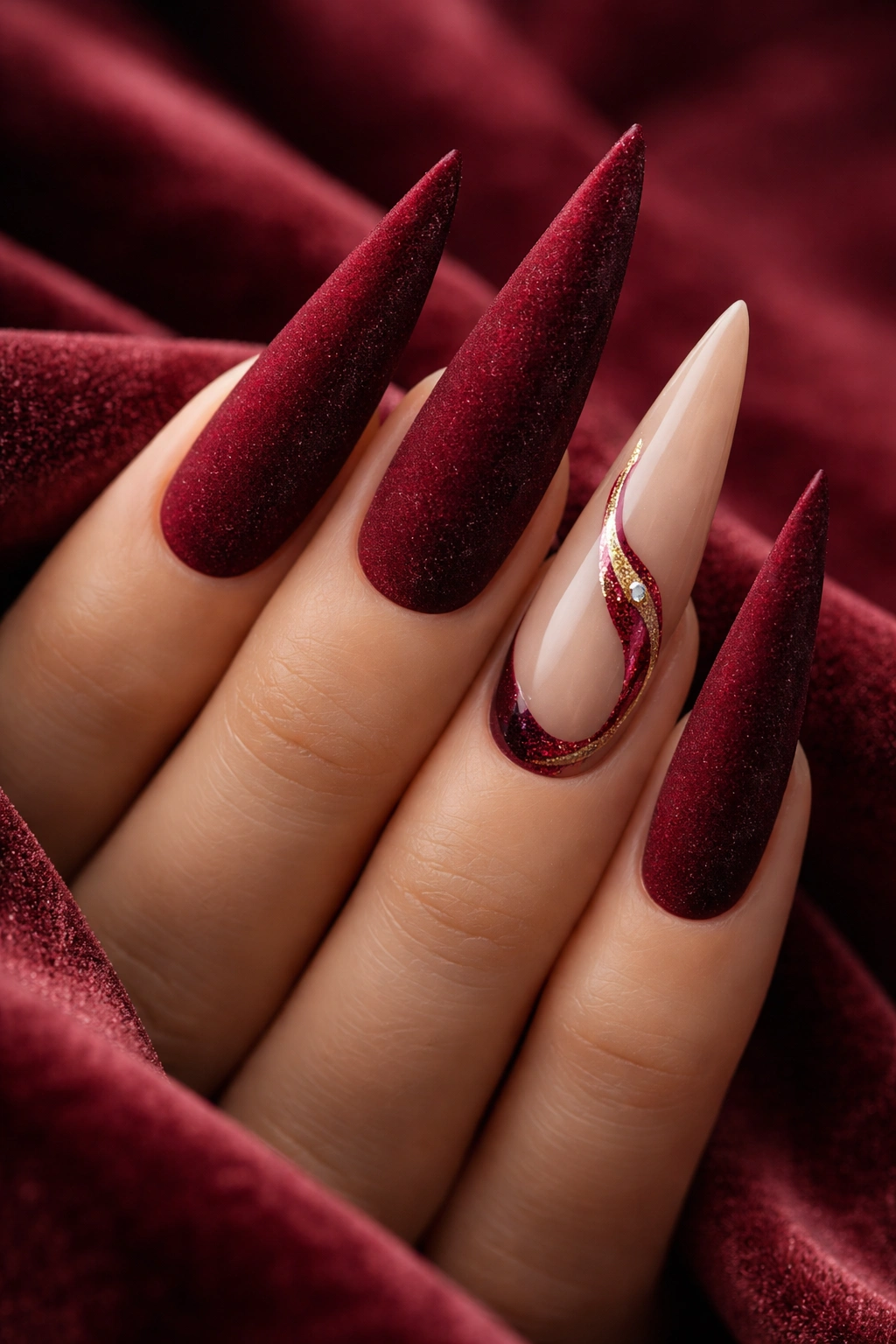 Burgundy velvet textured stiletto nails with nude accents