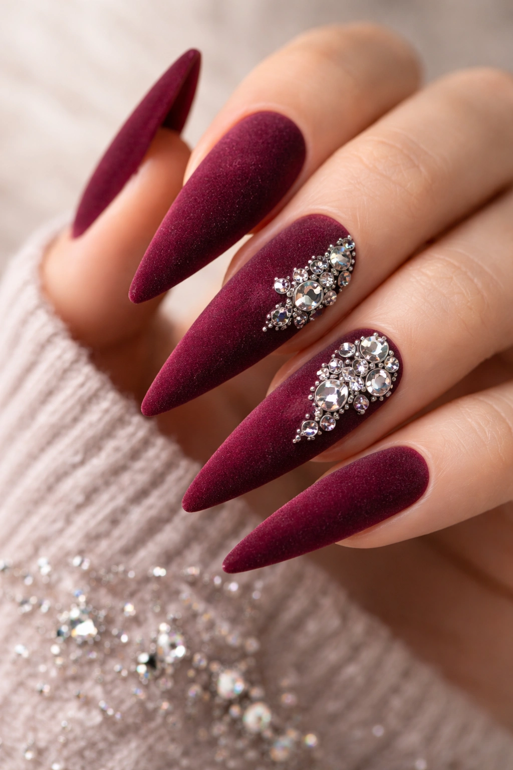 Close-up of burgundy velvet nails with rhinestones on a neutral studio background