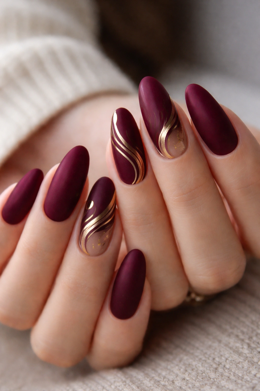 Matte burgundy nails with subtle gold swirls on long oval shapes