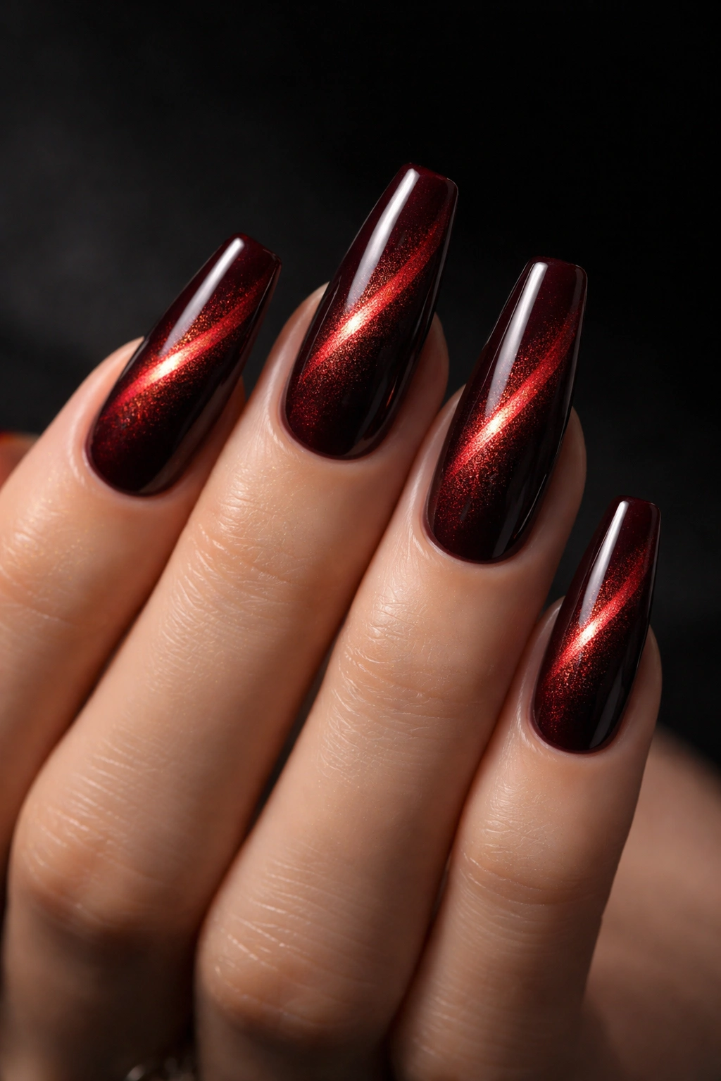 Burgundy wine flash cat eye nails on a hand