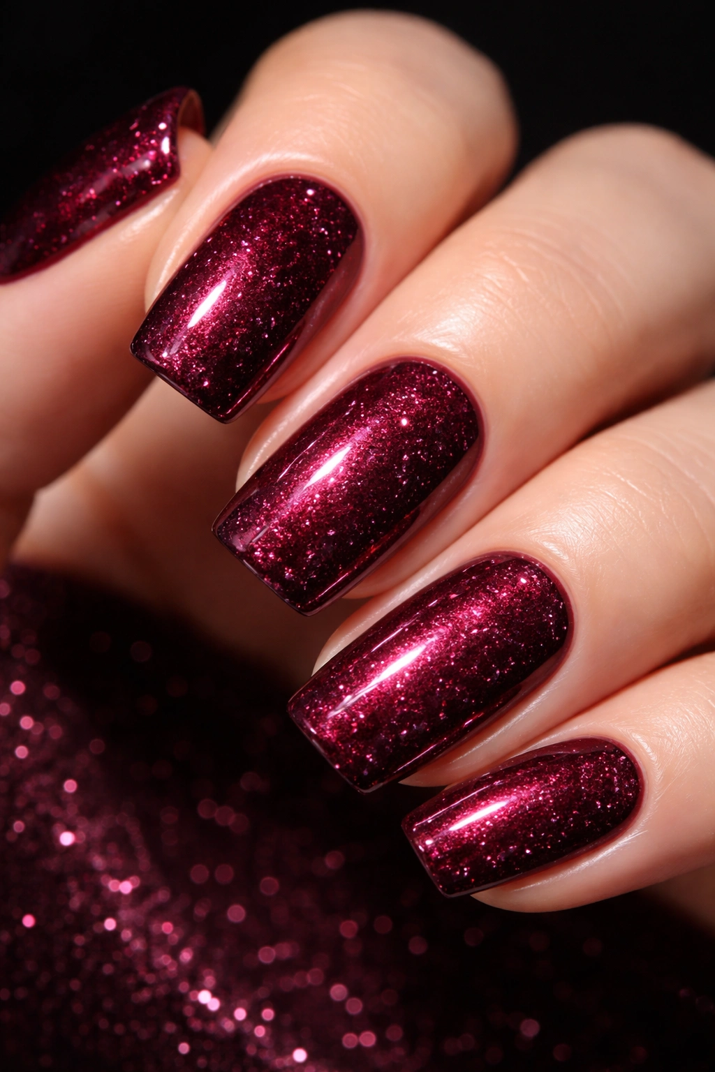 Burgundy nails with glass fleck texture and subtle sparkle