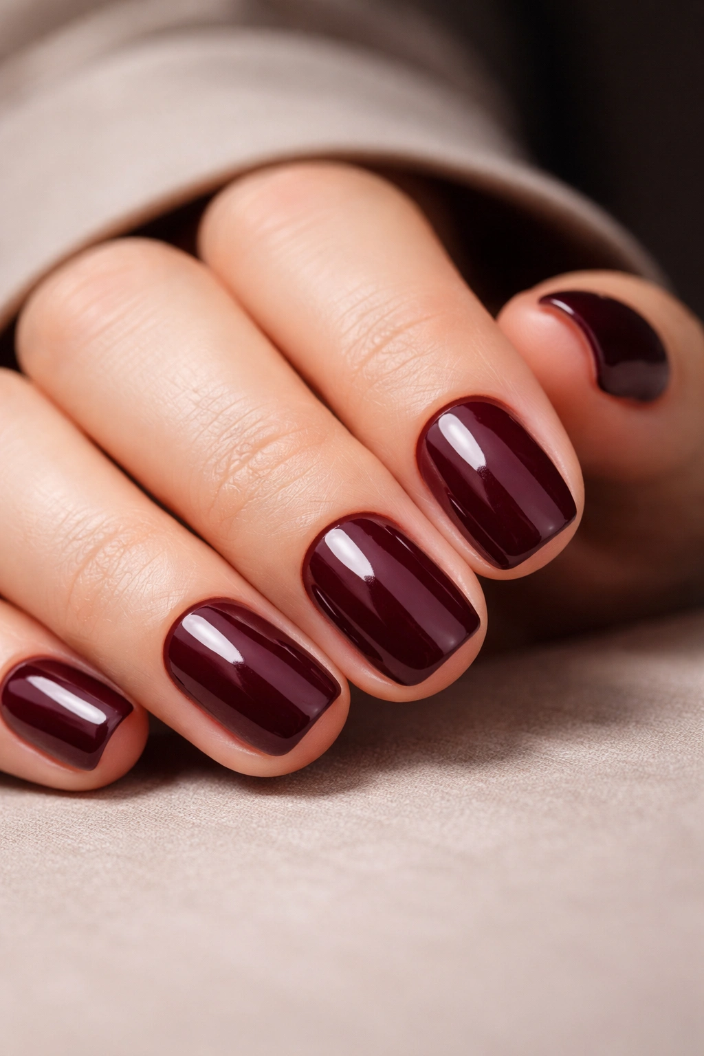 Close-up of nails in burgundy and wine tones with glossy finish on neutral background
