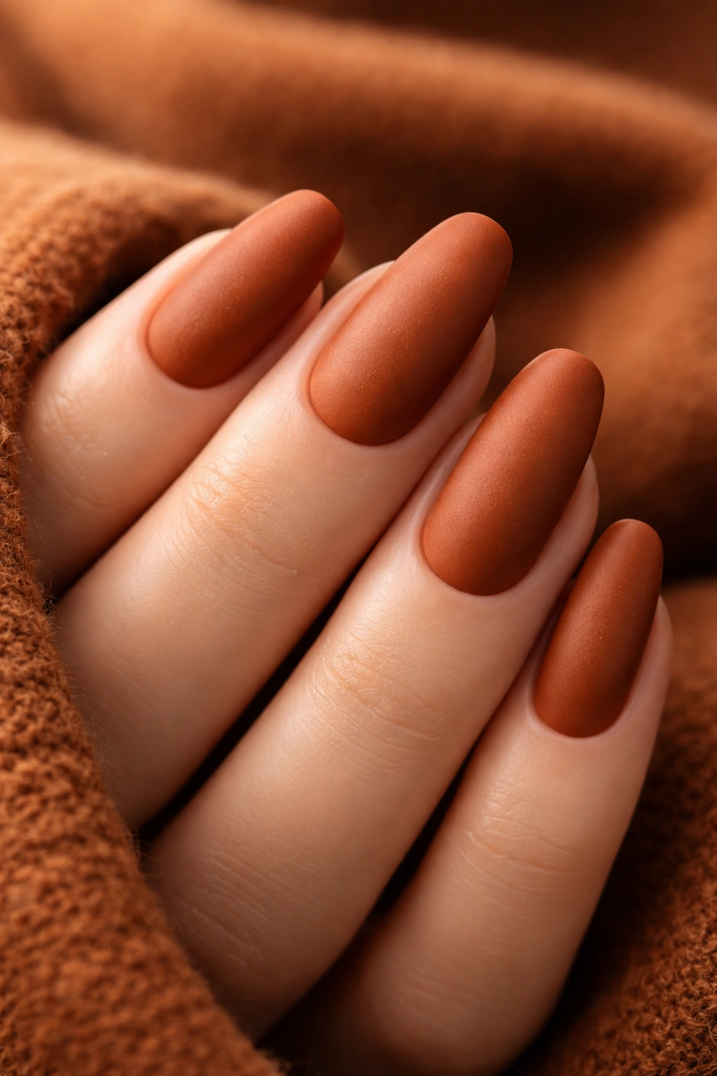 Close-up of burnt cinnamon nails in warm rust-orange-brown with matte finish