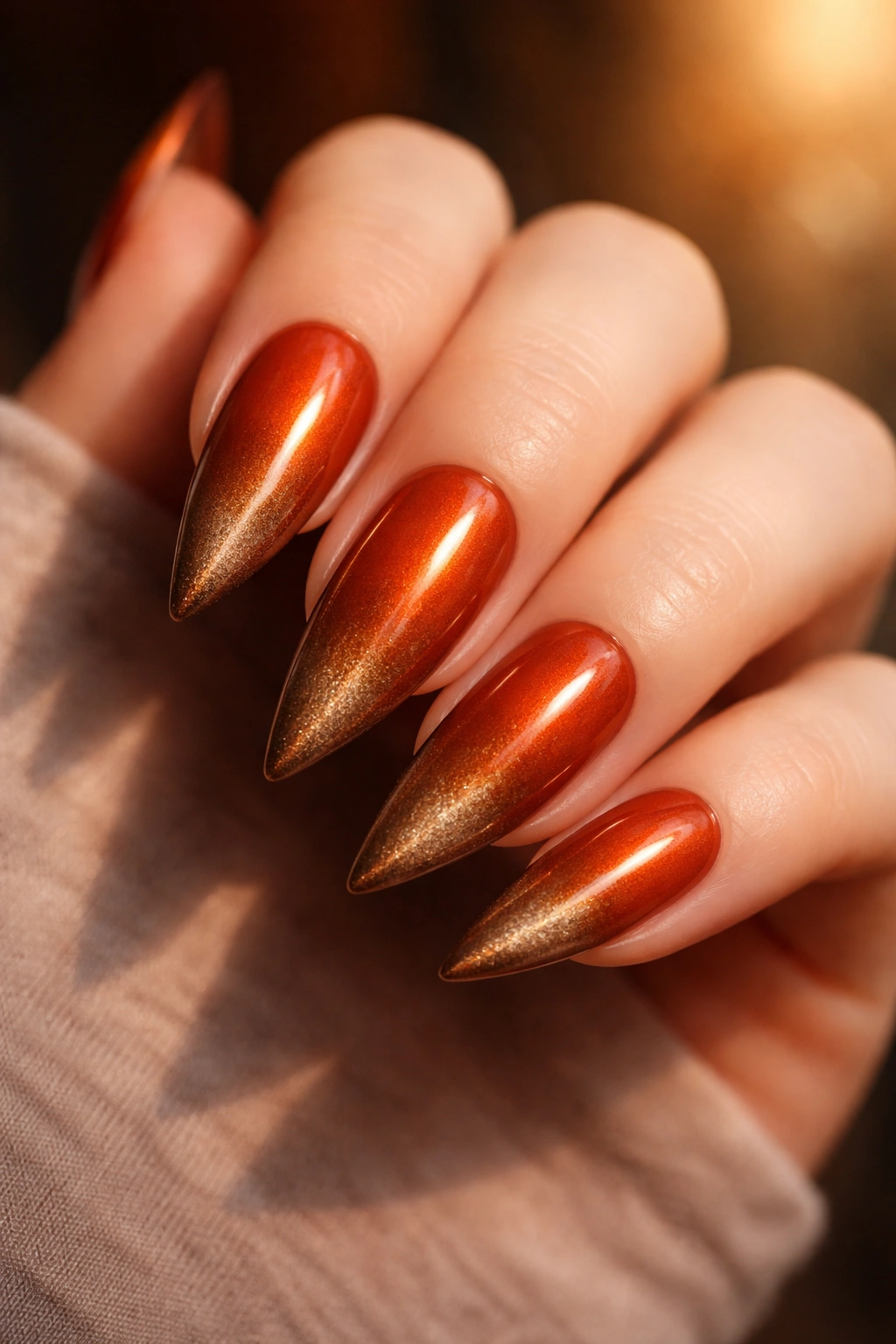 Burnt orange to bronze ombré stiletto nails