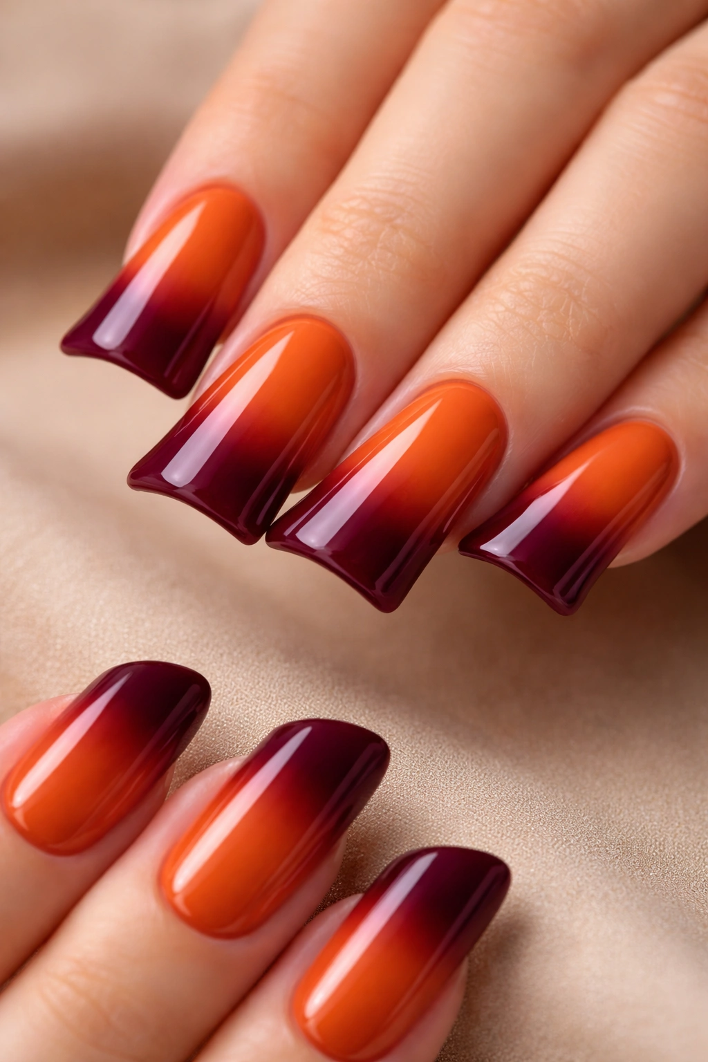 Close-up of duck-shaped nails with burnt orange base and burgundy tips