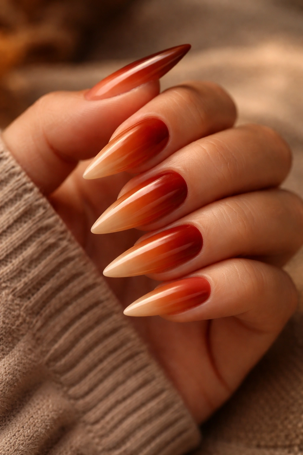 Close-up of medium stiletto nails in burnt orange to caramel ombre with warm studio lighting
