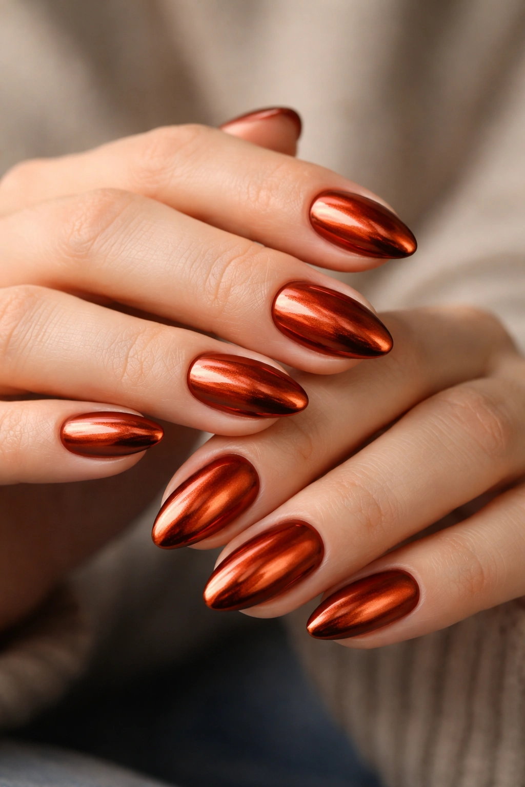 Close-up of burnt orange chrome almond nails with reflective metallic finish