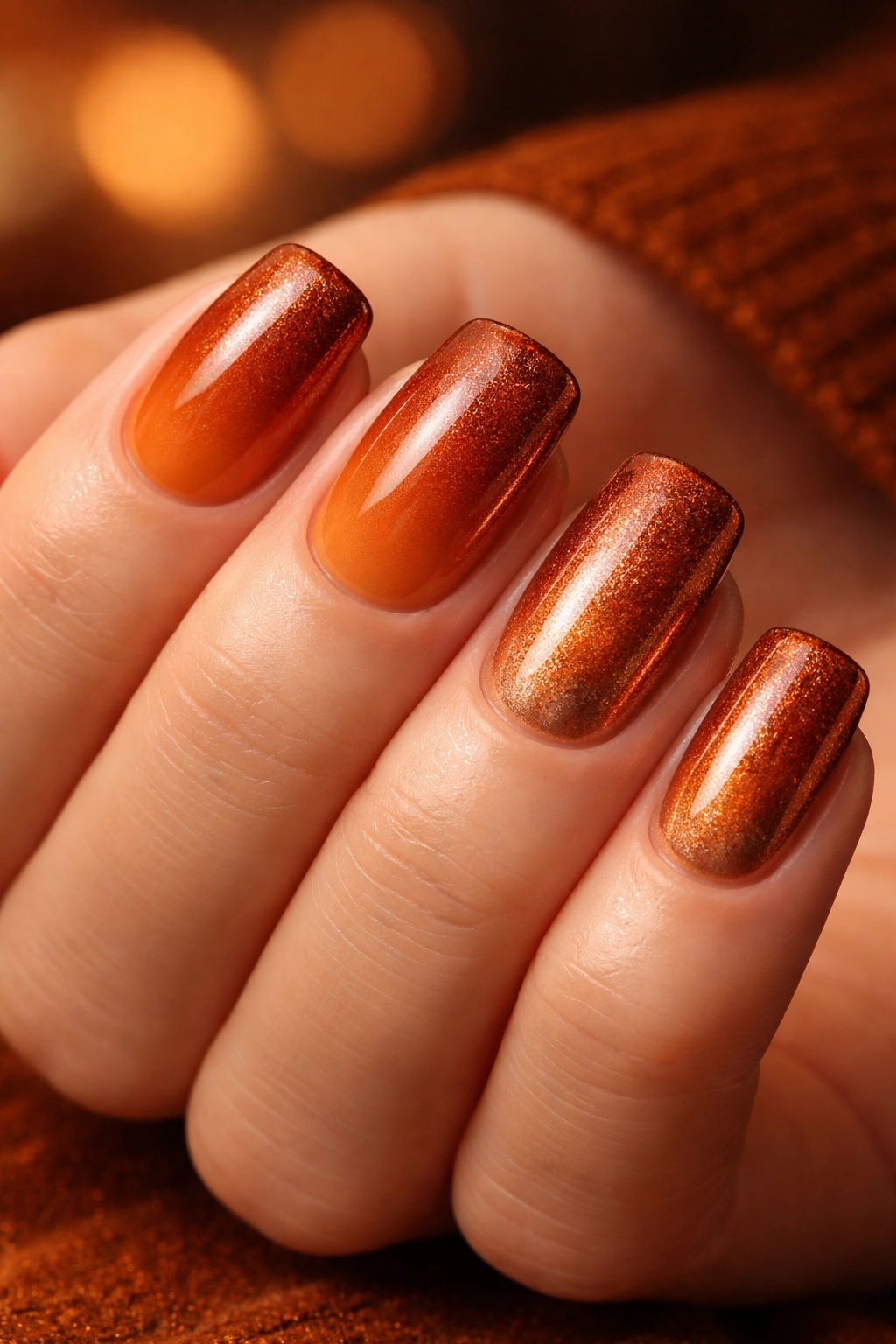 Ombre nails from burnt orange to copper on short squoval nails