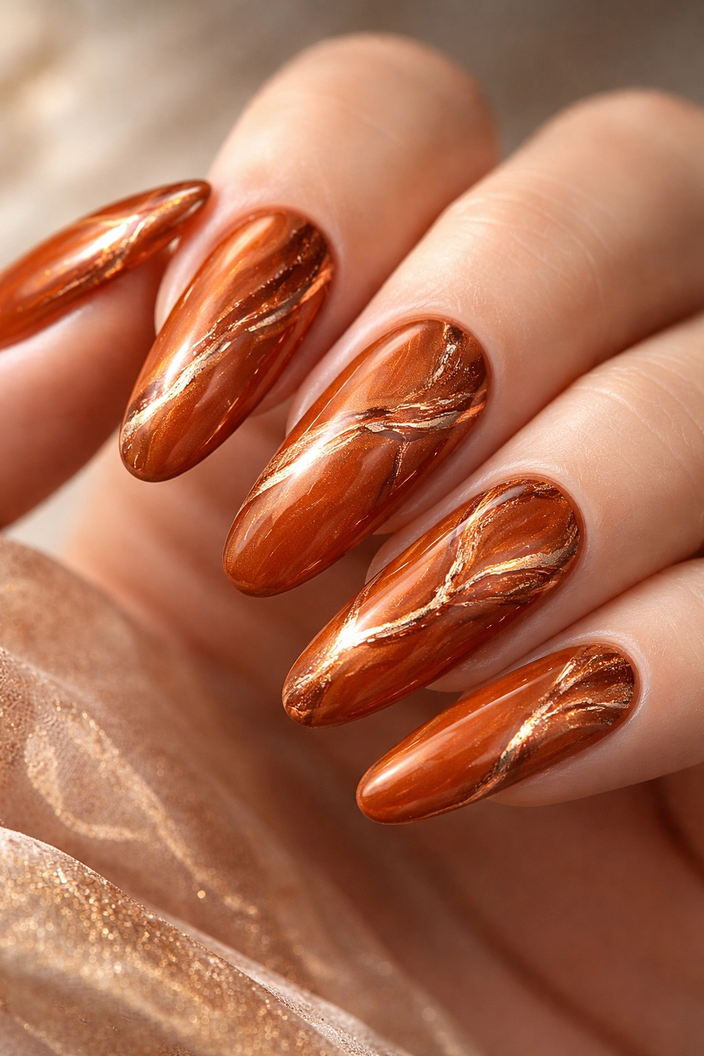 Close-up of burnt orange long oval nails with copper marbling