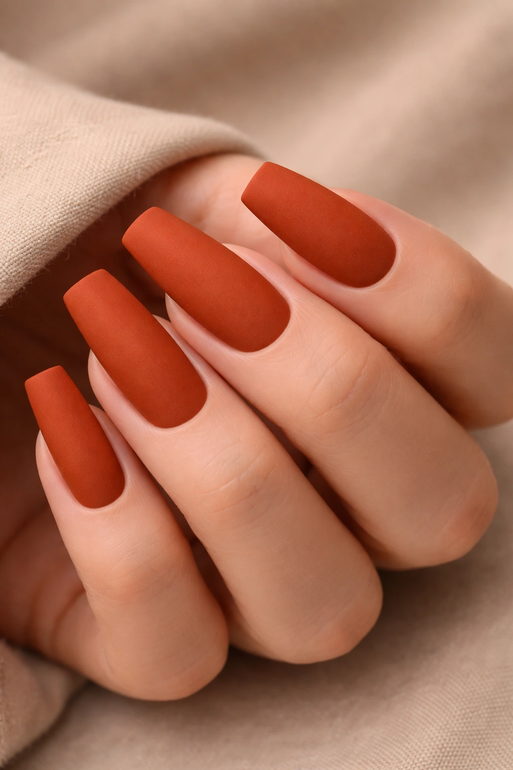 Close-up of medium coffin nails in burnt orange with a matte finish