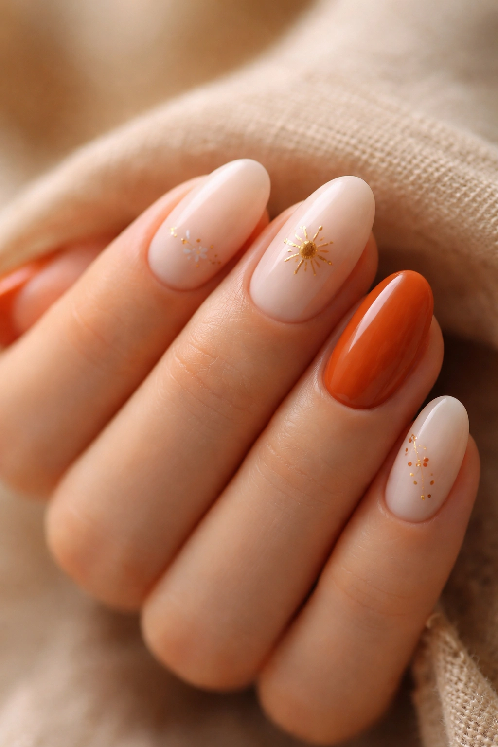 Close-up of short almond nails with burnt orange accent nails and subtle micro-art on a milky nude base