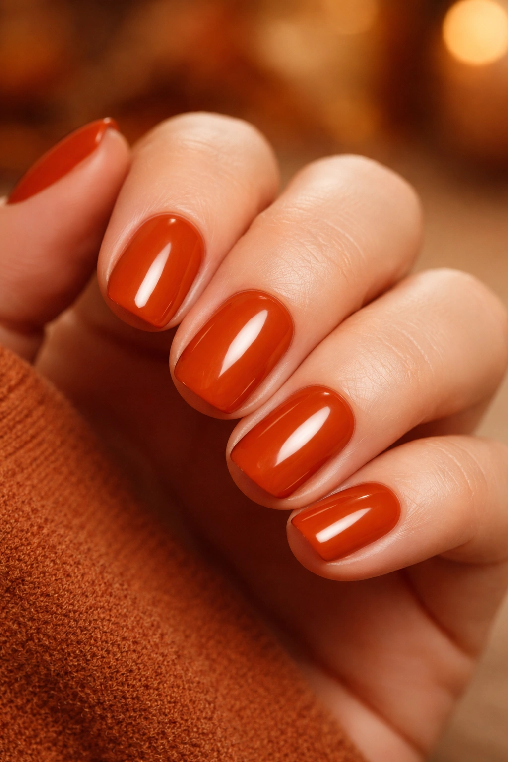 Close-up of burnt orange nails on a hand with a soft background
