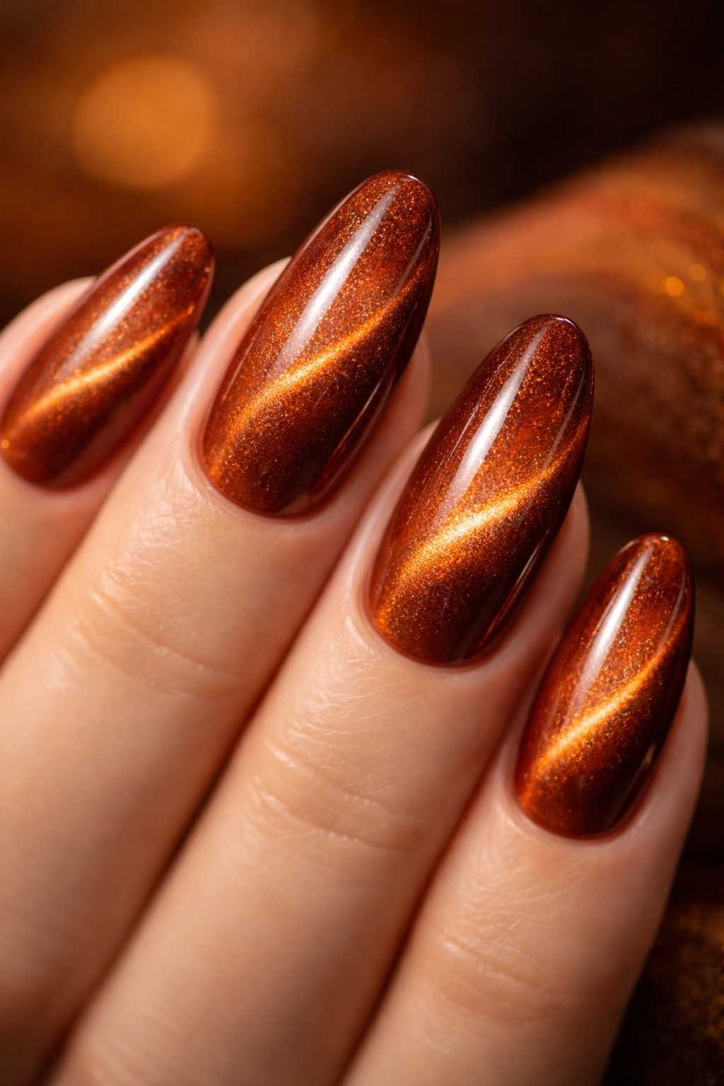 Close-up of burnt orange cat-eye nails with copper diagonal shimmer under warm autumn lighting