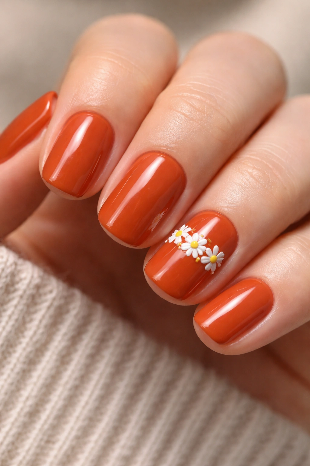 Close-up of burnt orange nails with white daisy chain on one nail.