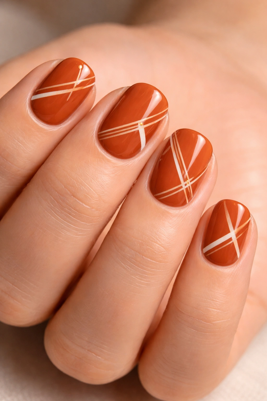 Close-up of burnt orange short squoval nails with geometric patterns
