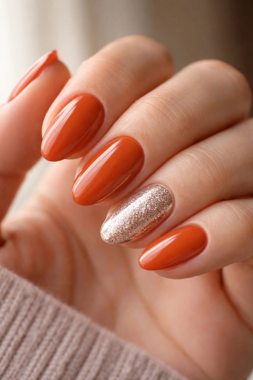 Close-up of burnt orange short almond nails with a single champagne glitter accent