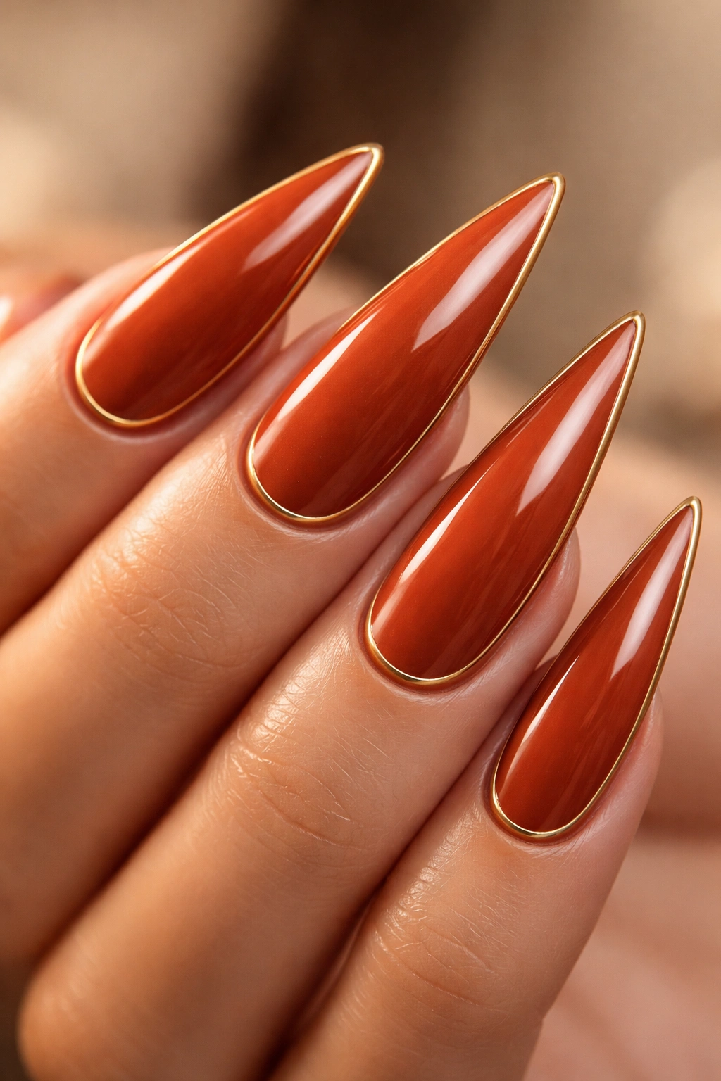Close-up of burnt orange stiletto nails with a thin gold outline.