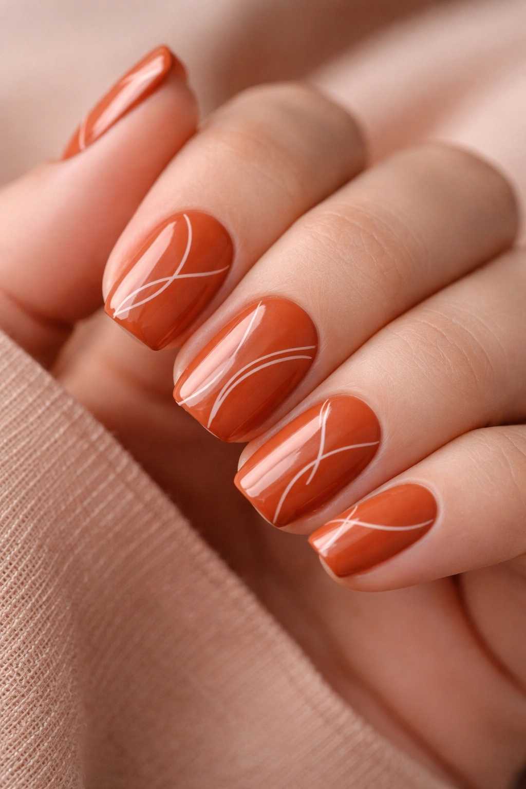 Burnt orange nails with minimalist line art on short squoval tips