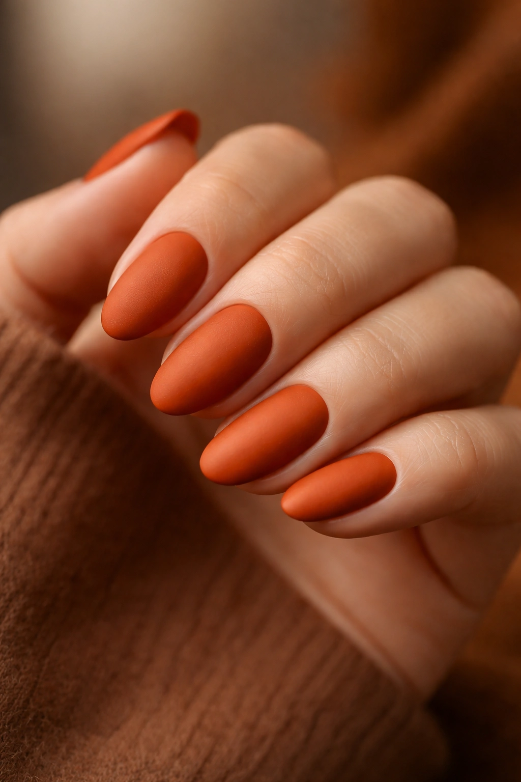Close-up of burnt orange matte nails on a short almond shape