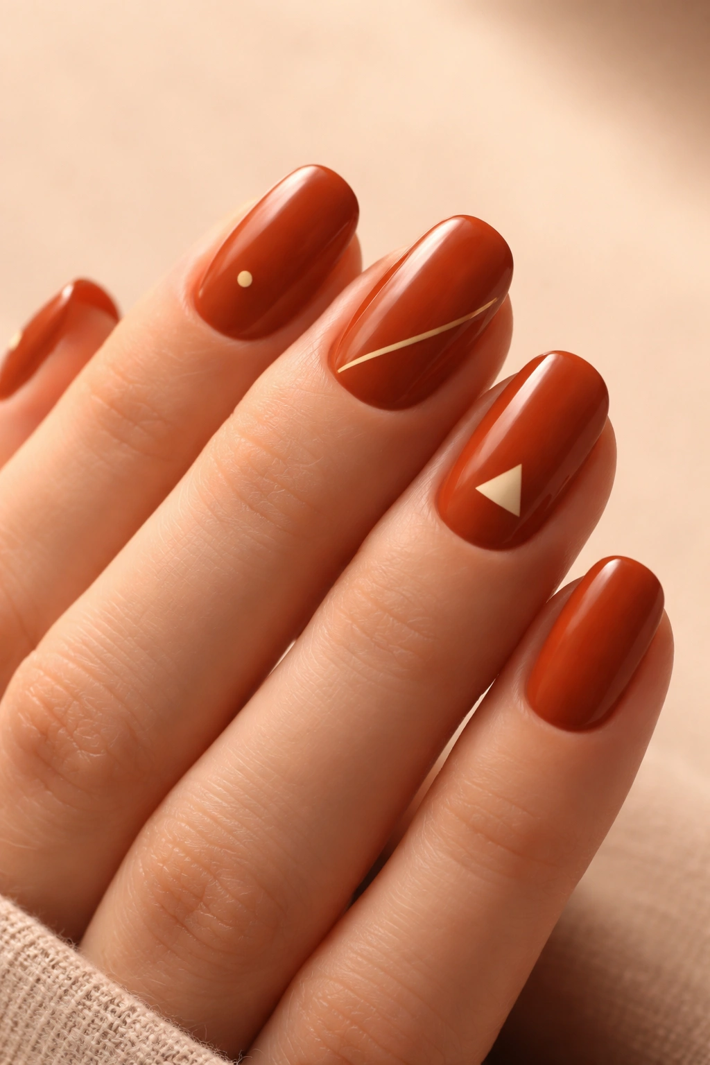 Close-up of burnt orange nails with minimalist accents