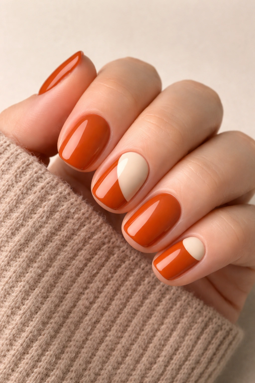 Close-up of burnt orange nails with cream negative-space accents