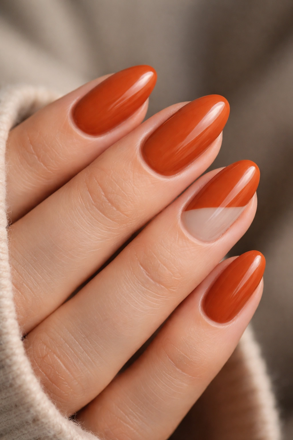 Close-up of short almond nails with burnt orange polish and negative-space accent