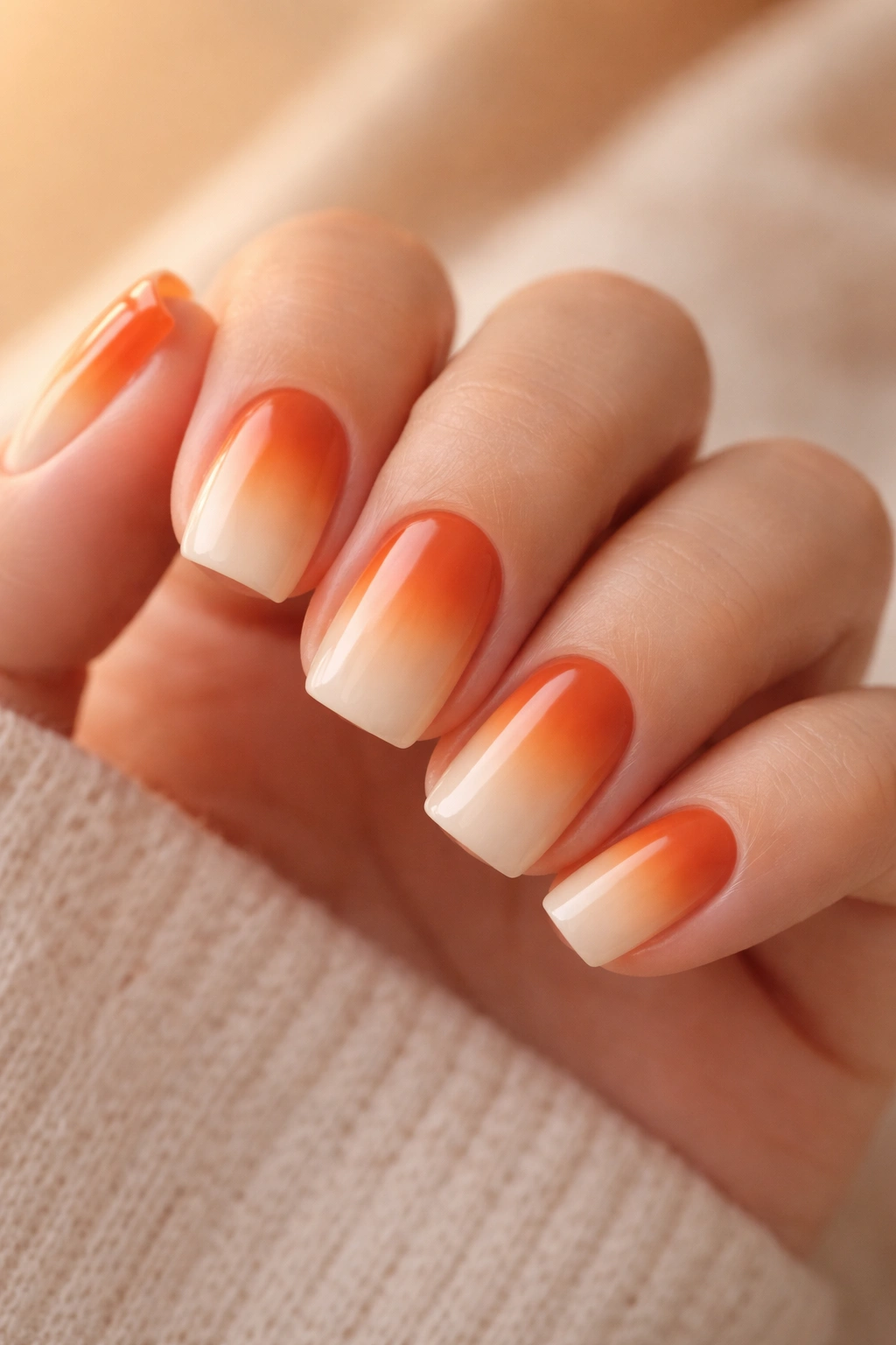 Nails with burnt orange to cream ombre on short squoval shapes