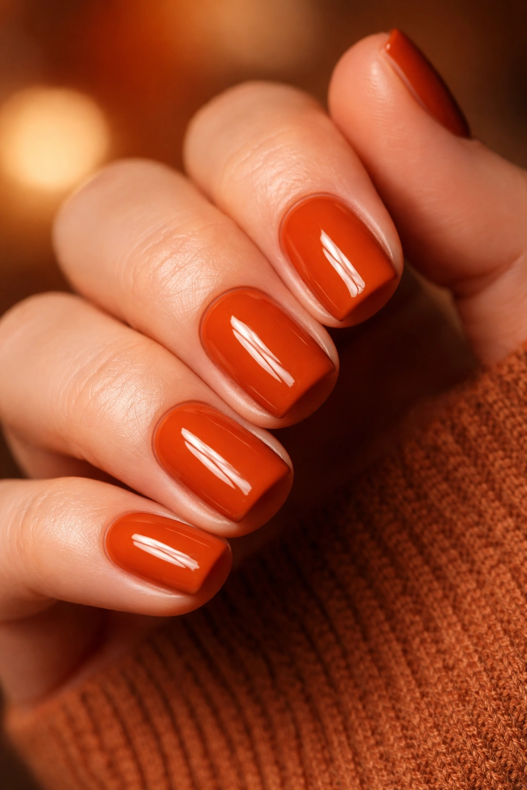 Close-up of burnt orange nails with creamy semi-gloss finish