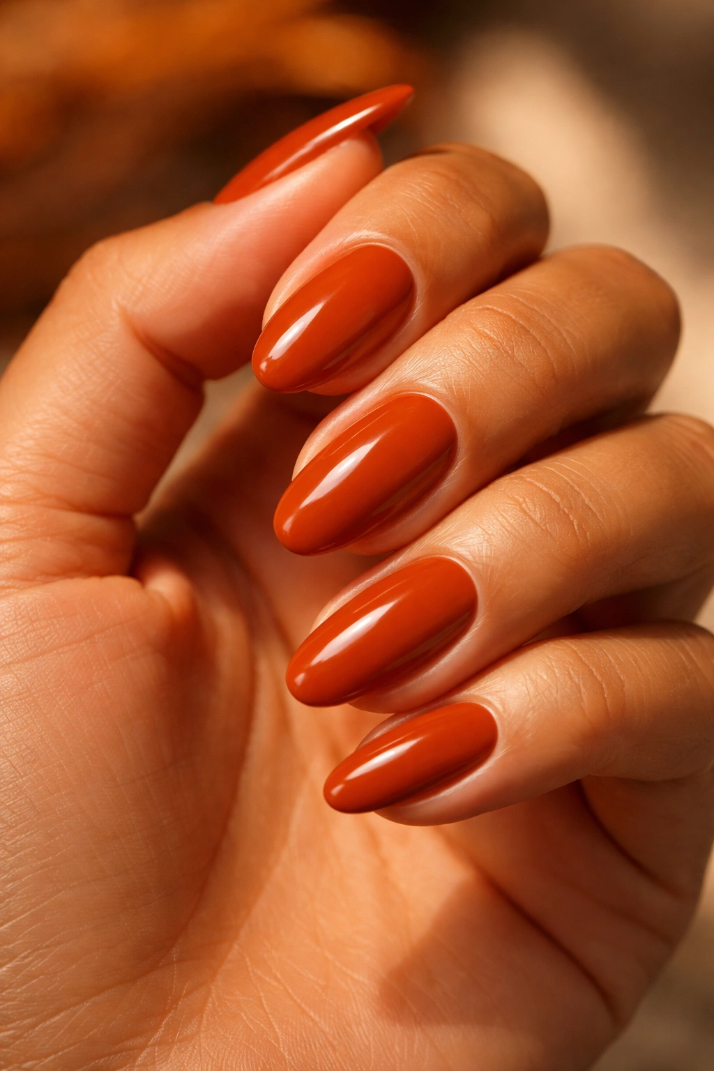 Close-up of burnt orange nails on tan skin