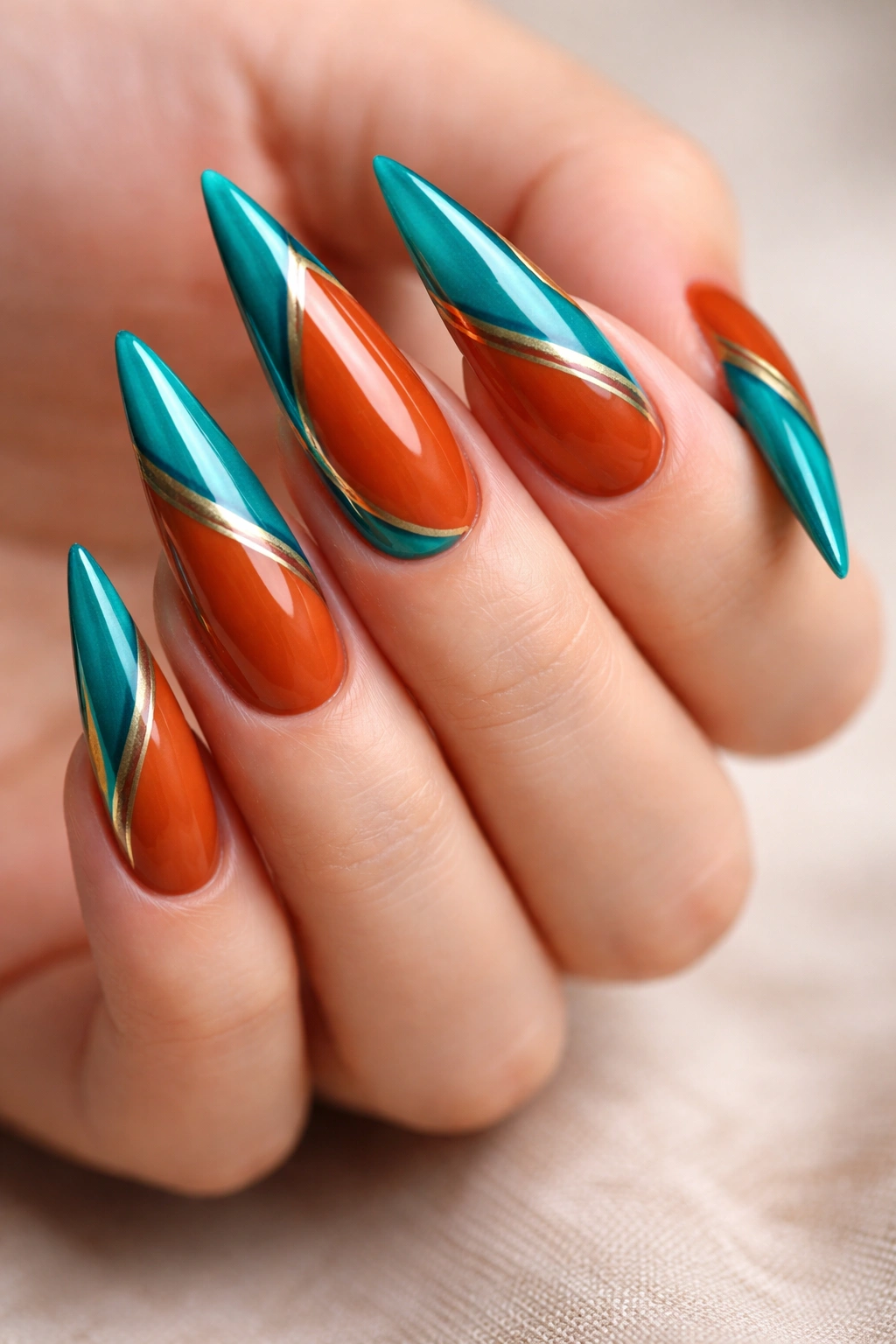 Close-up of burnt orange stiletto nails with teal accents