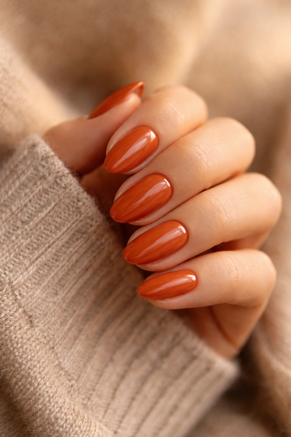 Close-up of versatile burnt orange nails on short almond nails