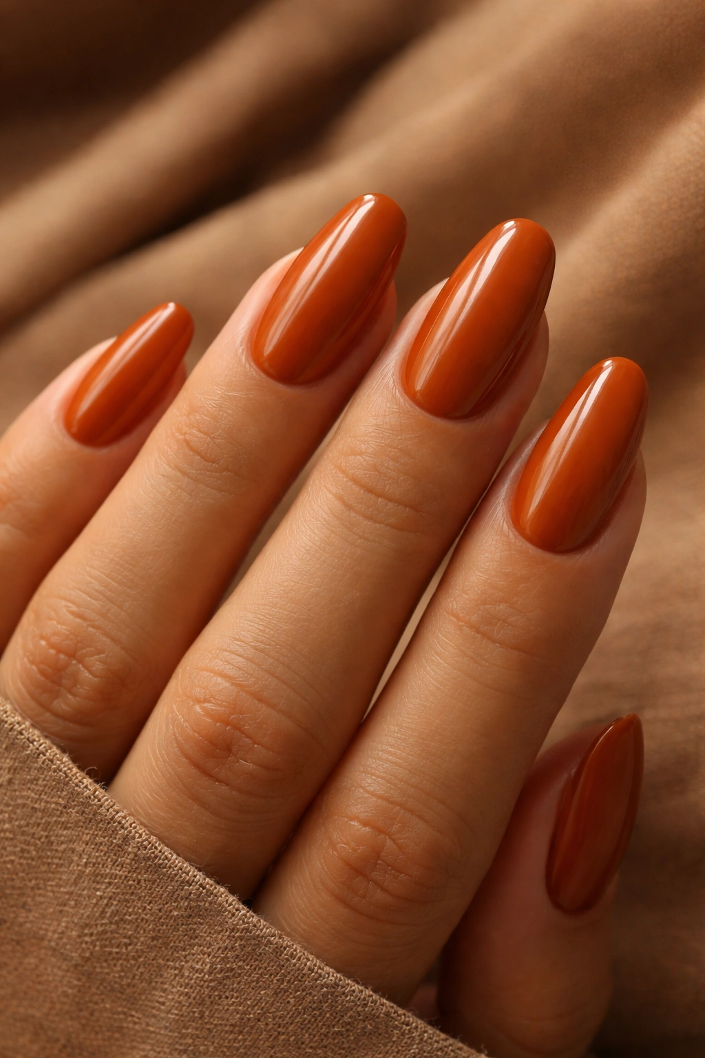 Close-up of an olive-skinned hand with burnt orange nails and warm undertones.