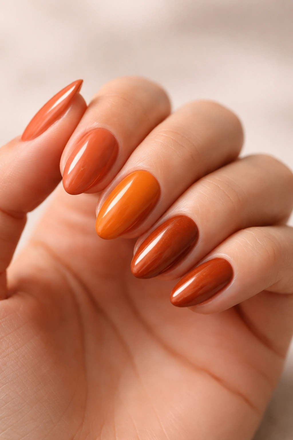 Close-up of hand with short almond nails showing multiple burnt orange shades