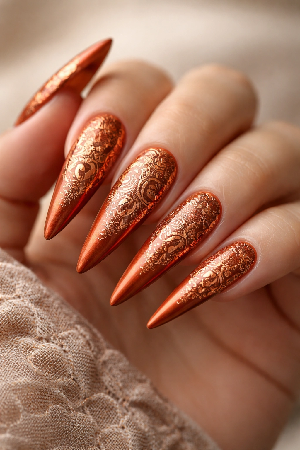 Close-up of burnt orange stiletto nails with copper stamping patterns