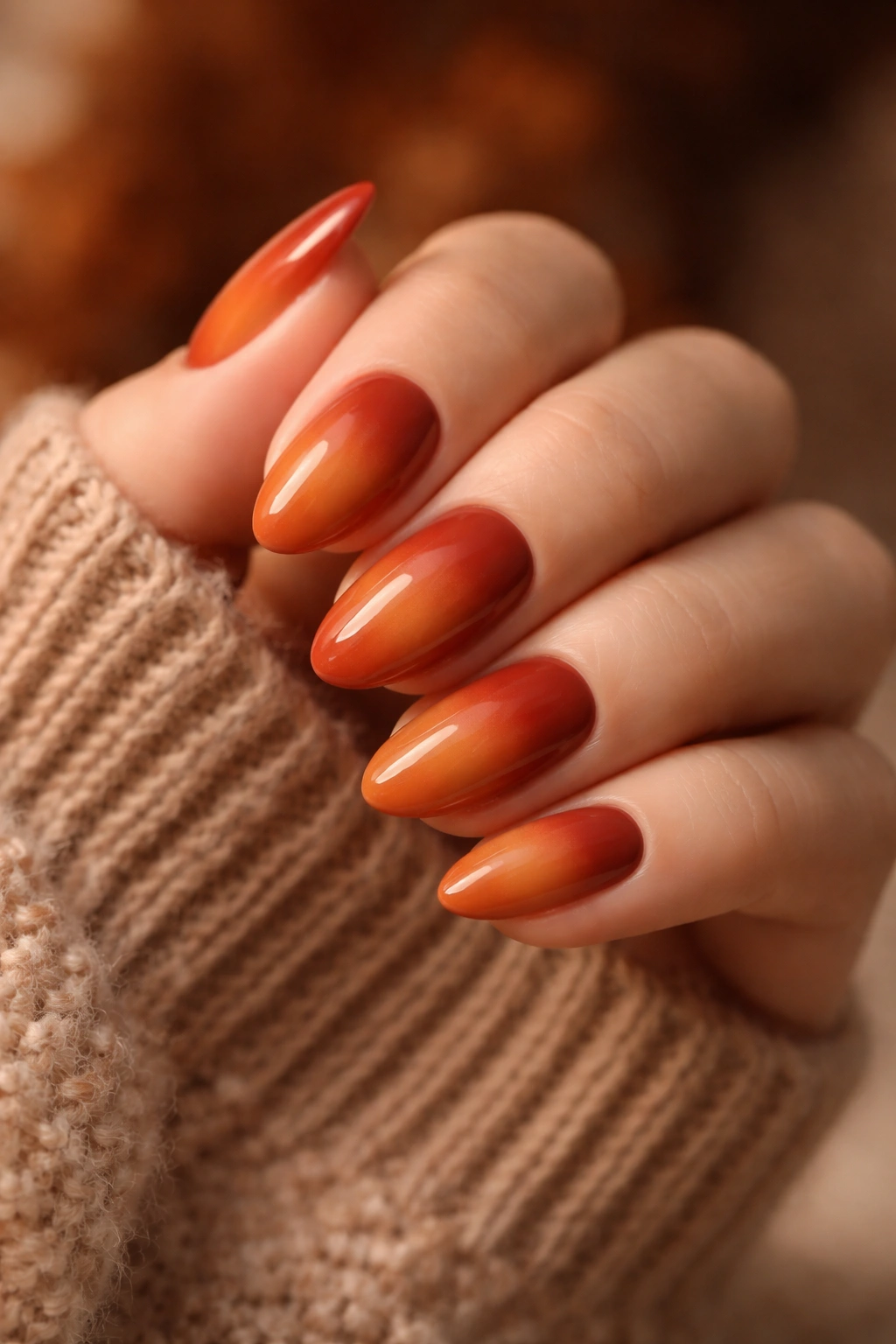 Nails in burnt orange and terracotta with warm gradient