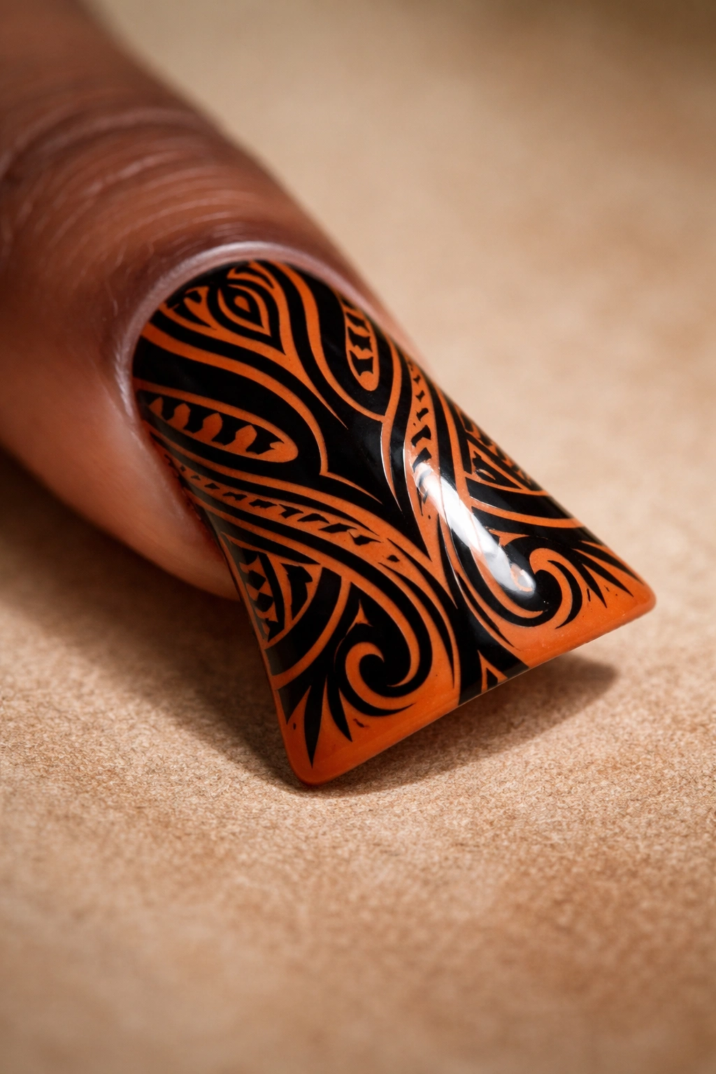 Duck nail tip burnt orange with black tribal patterns