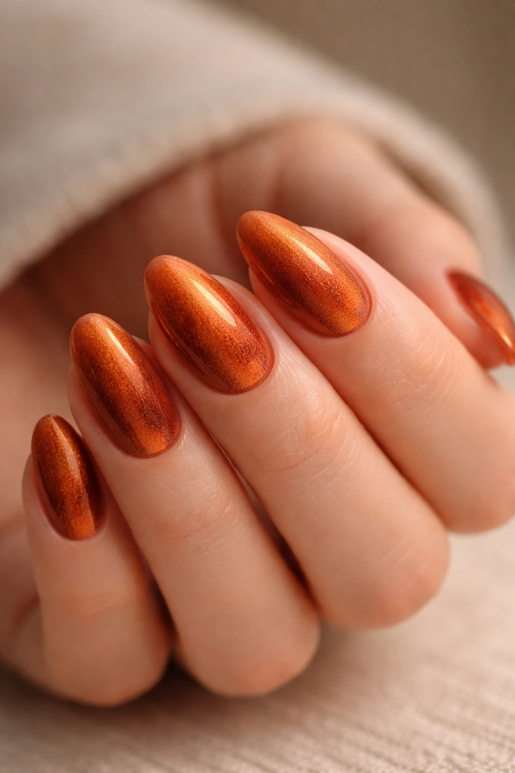 Close-up of burnt orange velvet nails on short almond nails