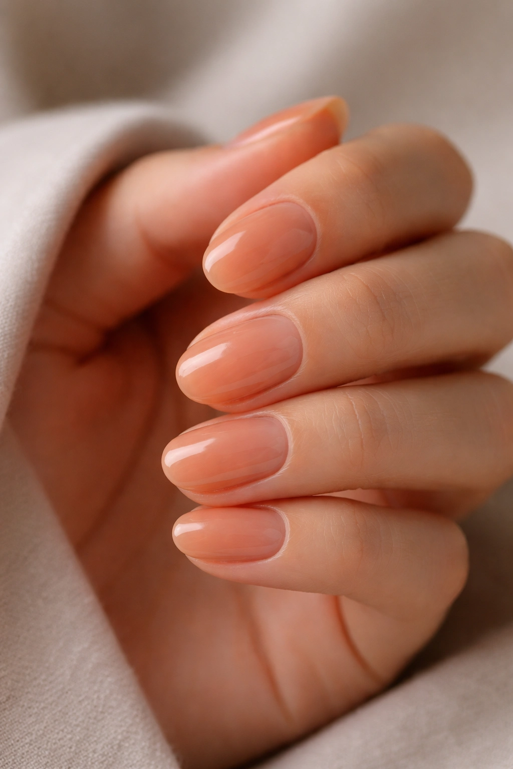 Close-up of short oval nails in burnt peach sheer shade