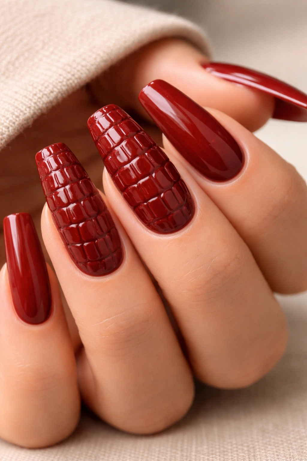 Two burnt red croc-textured accent nails on a nude base with others smooth.