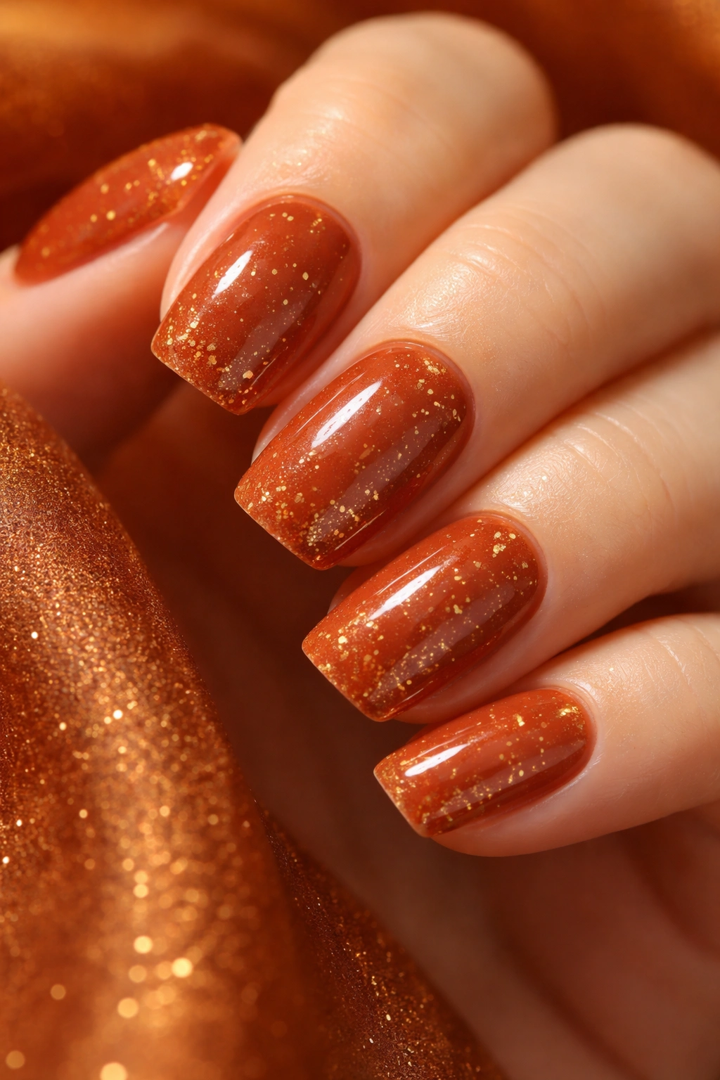 Close-up of burnt sienna nails with gold fleck accents and glossy glaze